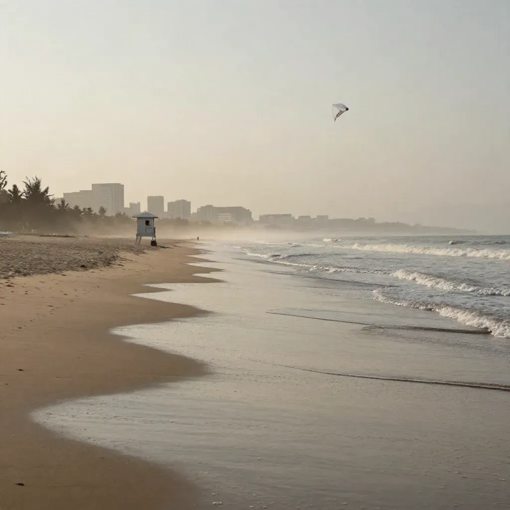 Pantai Batu Burok waktu pagi dengan pasir basah, layang-layang putih dan menara penyelamat.